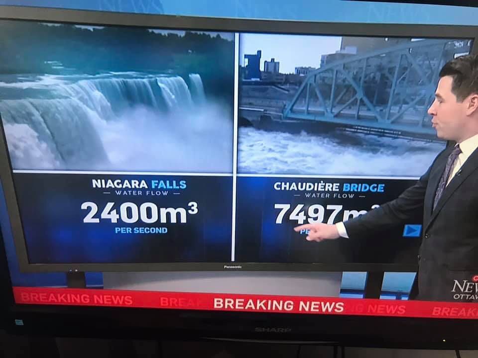 Still shot from local news - Niagara - 2400 m cubed per second of water, the Chaudiere Bridge, 7497 m cubed per second. 